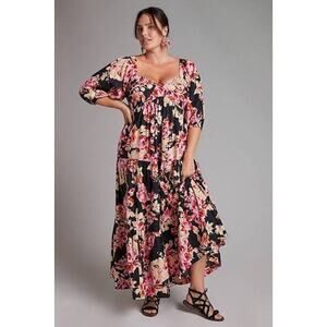 Anthropologie blossom maxi dress black floral Tiered womens medium cottagecore